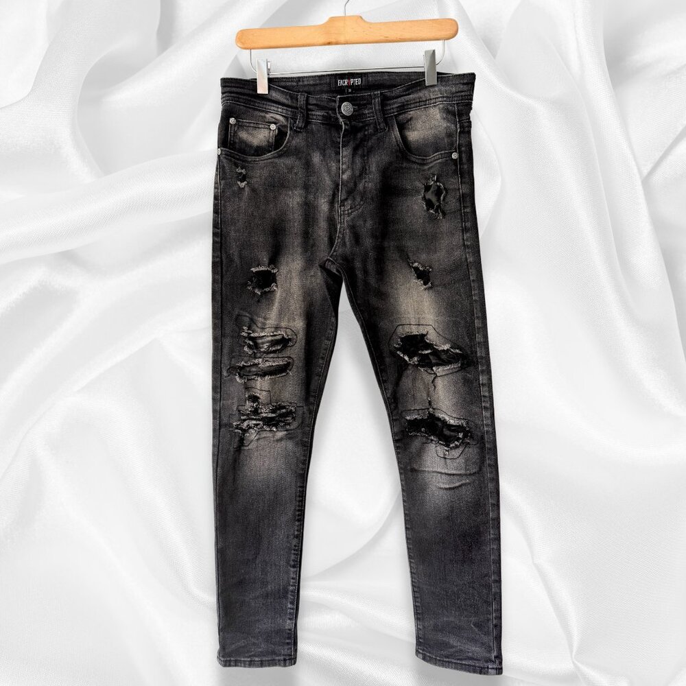 Men’s Destroyed Black Encrypted Jeans Grunge Moto Punk | Size 30
